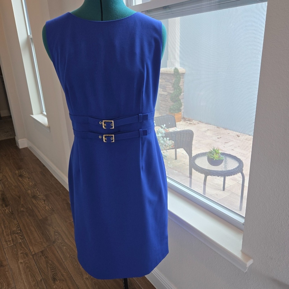 Calvin Klein Midi Dress Womens 14 Royal Blue Double Belted Sheath Sleeveless